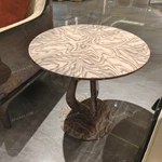 Round Sofa Side Table with Radial Natural Wood Veneer Top Sculptural Loop Pedestal and Circular Base